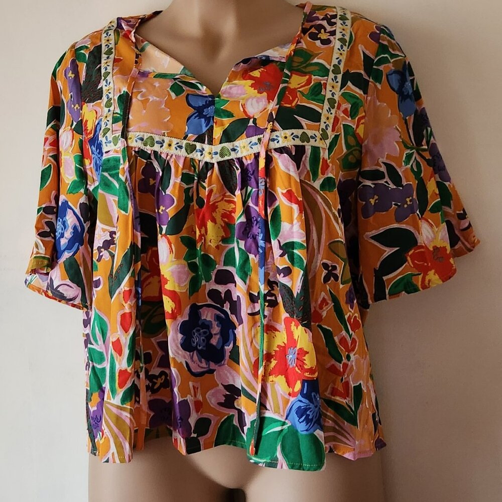 Rusttydustty babydoll blouse sz 2X yellow floral bright colors EUC